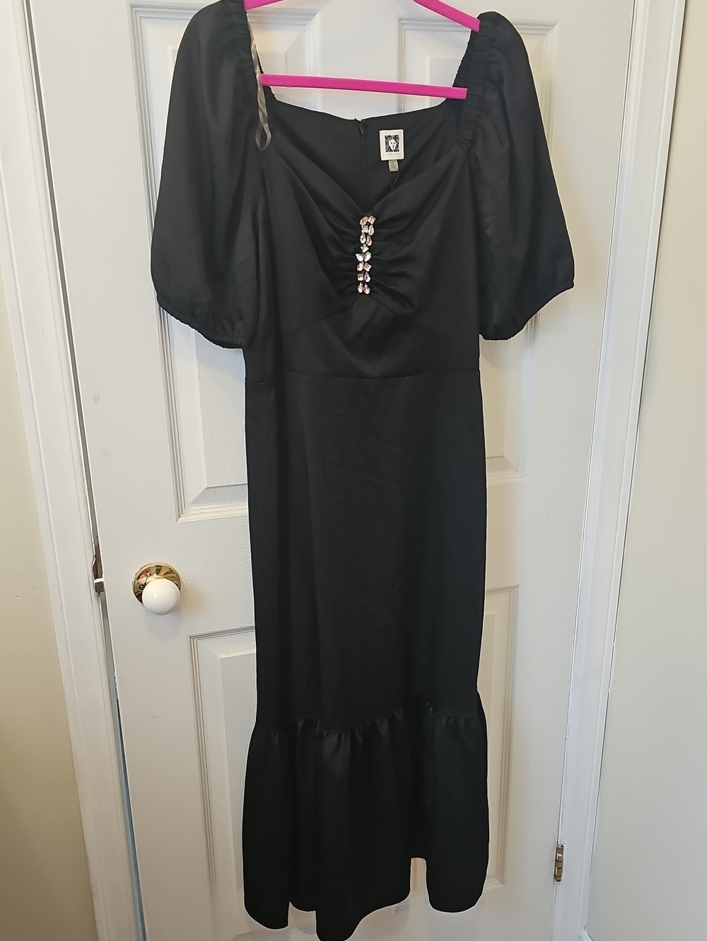 Anne Klein Black Maxi Dress with Puff Sleeves and Jewel Detail